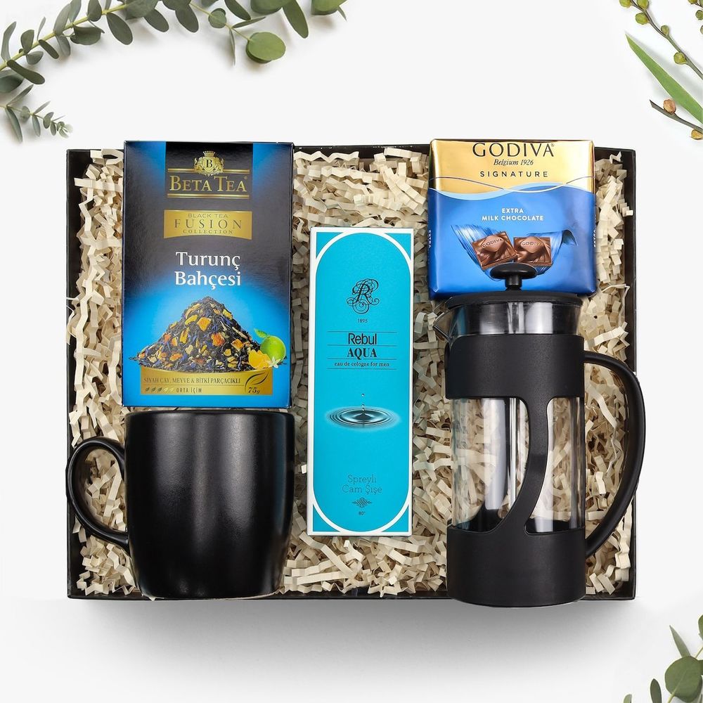 Siyah French Press & Siyah Mat Kupa & Beta Tea Turunç Bahçesi Bitki Çayı & Godiva Çikolata & Rebul Aqua Erkek Kolonya Hediye Set
