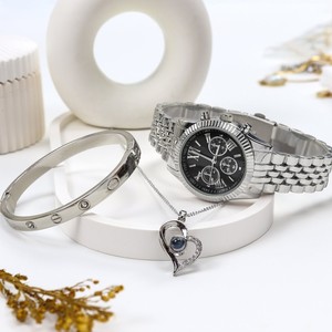 Spectrum Michael Kors Tarzı Gümüş Renk Metal Kordon Kadın Kol Saati  & Çelik Kelepçe Bileklik & Gümüş Renk 100 Dilde Seni Seviyo