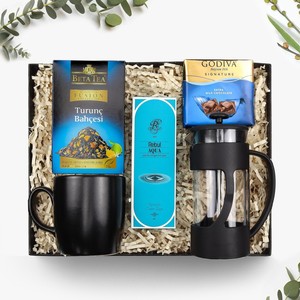 Siyah French Press & Siyah Mat Kupa & Beta Tea Turunç Bahçesi Bitki Çayı & Godiva Çikolata & Rebul Aqua Erkek Kolonya Hediye Set #1