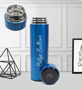 Kişiye Özel 500 ML Mavi Renk Dereceli Termos & Gümüş Detaylı Metalik Mavi Tükenmez Kalem & 2'li Dikişli Mini Not Defteri & Okyan #2