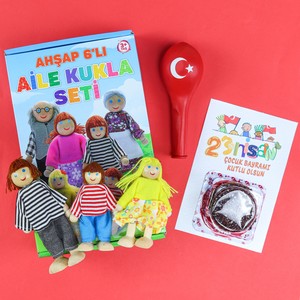 23 Nisan Kartında Eti Puf & Türk Bayraklı Balon & Ahşap 6\'lı Aile Kukla Seti Hediye Seti
