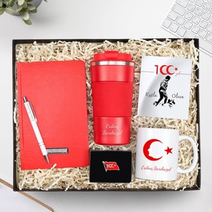 Kişiye Özel Atatürk İmzalı 500 Ml Kırmızı Çelik Termos & Kırmızı Defter & Gümüş Renk Detaylı Beyaz Tükenmez Kalem & 100. Yıl Bas