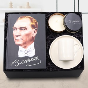 Mustafa Kemal Atatürk Resimli Defter & Atatürk İmzalı Siyah Metal Kutulu Mum & Beyaz Fincan Hediye Seti #1