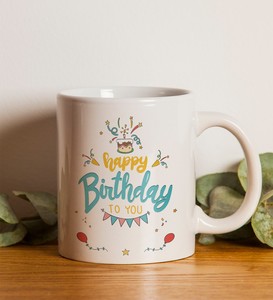 Kişiye Özel Happy Birthday Baskılı Kupa & Sarı Renk Bubble Mum & Happy Birthday Taç Hediye Seti #3